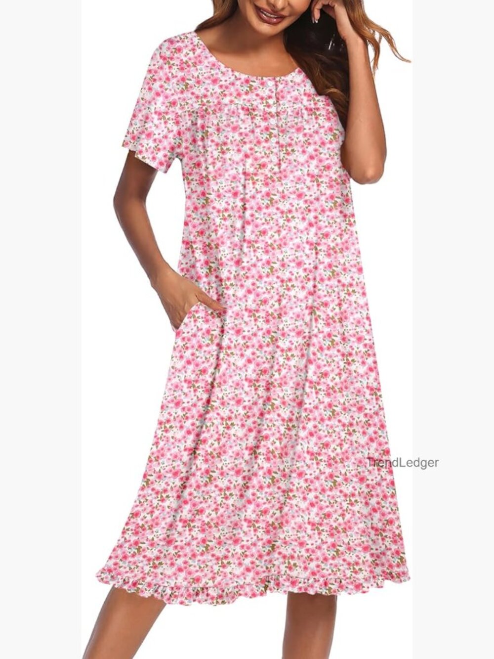 Button Front Short Sleeve Nightgown with Pockets Floral Print Mumu Dress